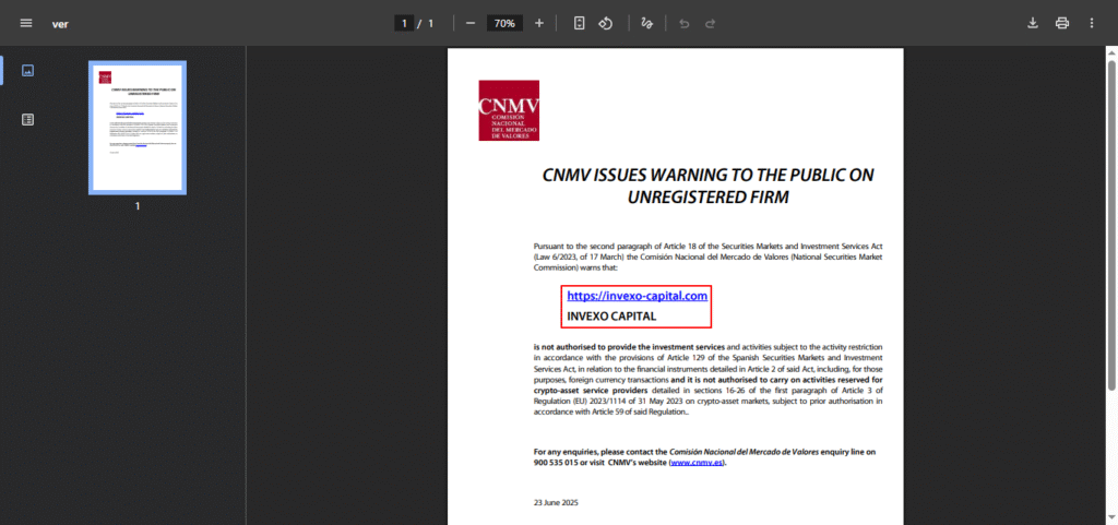 INVEXO-CAPITAL-CNMV-Warning