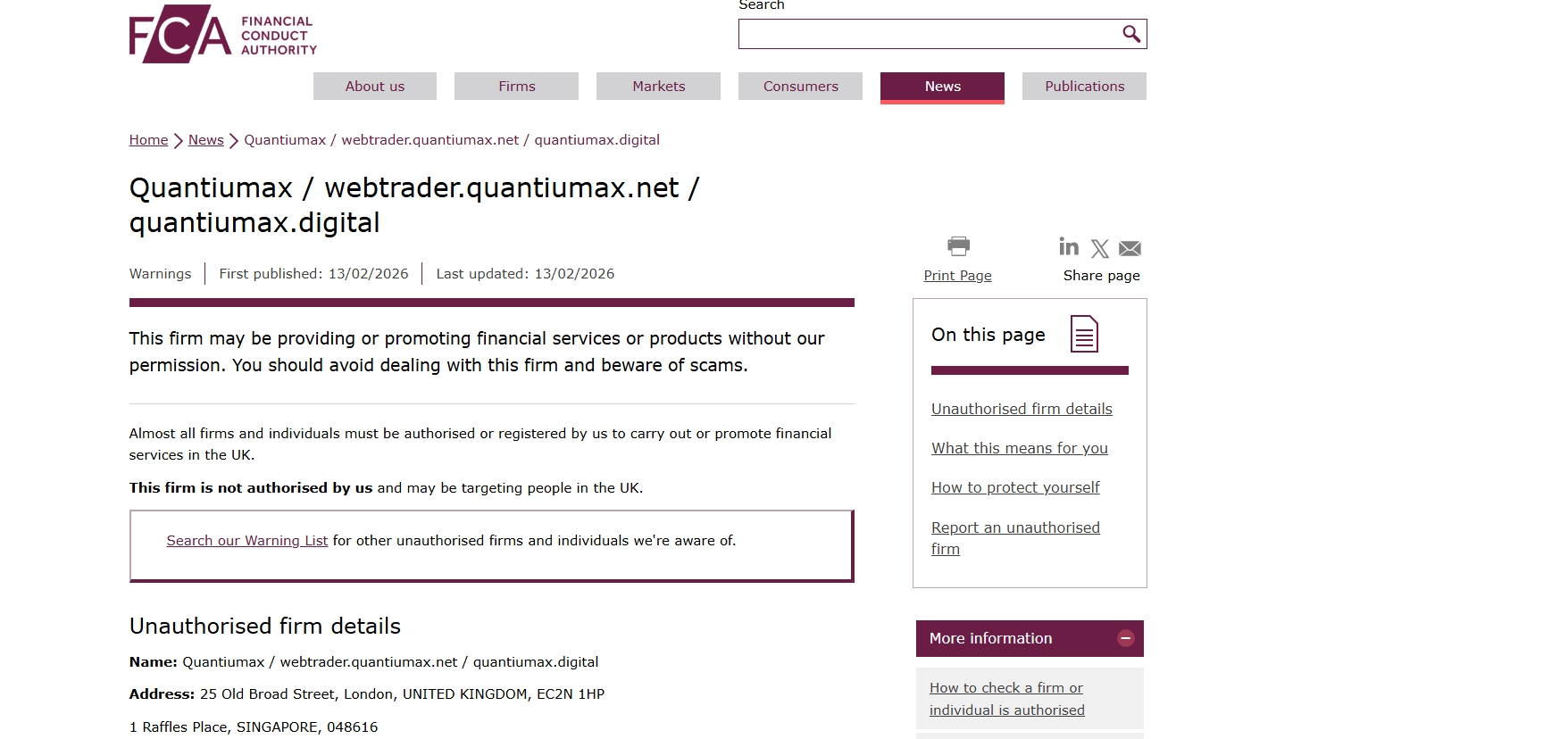⚠️ Quantiumax has been flagged as an unauthorised trading platform targeting investors online.